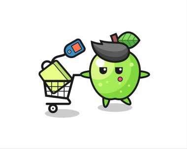 Alışveriş arabalı yeşil elma çizimi tişört, çıkartma, logo elementi için şirin bir tasarım.