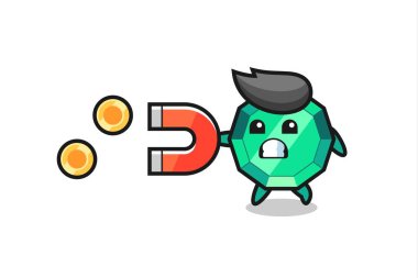 Zümrüt mücevher karakteri altın sikkeleri yakalamak için bir mıknatıs tutar. Gömlek, çıkartma, logo elementi için şirin bir tasarım.