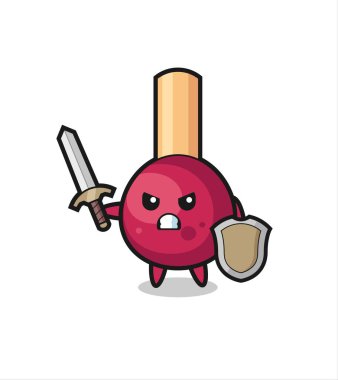 Şirin kibritler. Kılıç ve kalkanla savaşan asker. Tişört, çıkartma ve logo için şirin bir tasarım.