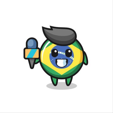 Haber muhabiri olarak Brezilya bayrağı maskotu. Tişört, çıkartma, logo elementi için şirin bir tasarım.