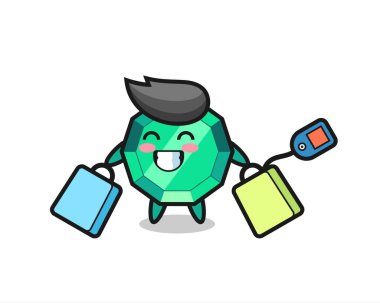 Zümrüt mücevher maskot karikatürü bir alışveriş çantası tutuyor, tişört, çıkartma, logo elementi için şirin bir tasarım.