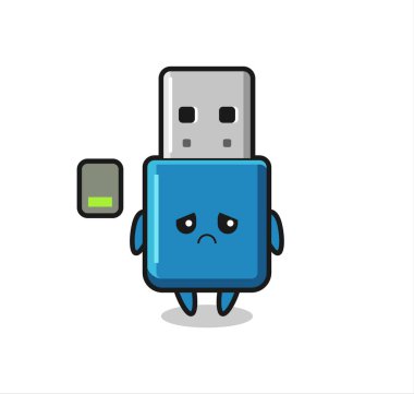Flaş bellek usb maskot karakteri yorgun bir jest yapıyor. Tişört, çıkartma, logo elementi için şirin bir tasarım.