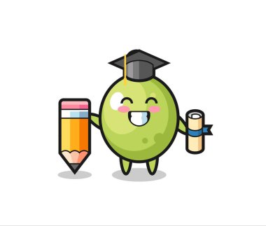 Zeytin illüstrasyon karikatürü, dev bir kalemle mezuniyet, tişört, etiket, logo elementi için şirin bir tasarım.