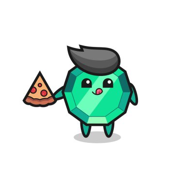 Tatlı zümrüt mücevher karikatürü pizza yiyor tişört, çıkartma, logo elementi için şirin bir tasarım.