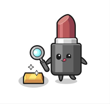 Ruj karakteri altın külçesinin orijinalliğini kontrol ediyor, tişört, çıkartma, logo elementi için şirin bir tasarım.