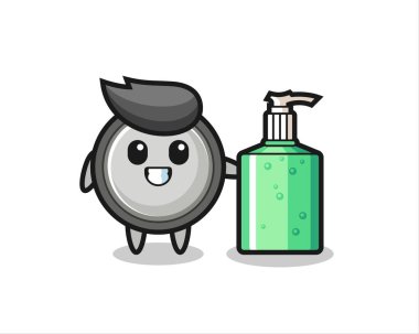 Tişört, çıkartma, logo elementi için şirin bir tasarım, el dezenfektanı olan şirin düğmeli hücre karikatürü.