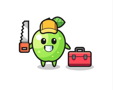 Ahşap işçisi olarak yeşil elma karakteri tasviri, tişört, etiket, logo elementi için şirin tasarım.