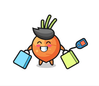 Alışveriş çantası tutan havuç maskotu karikatürü, tişört, çıkartma, logo elementi için şirin bir tasarım.