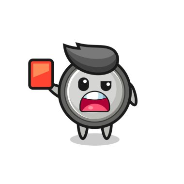 Hakem olarak düğme hücreli şirin maskot kırmızı kart veriyor, tişört, etiket, logo elementi için şirin tasarım.