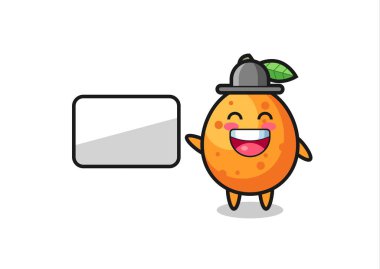 Kumquat çizgi film illüstrasyonu bir sunum yapıyor, tişört, etiket, logo ögesi için şirin bir tasarım