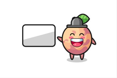 pluot fruit çizgi film illüstrasyonu bir sunum yapıyor, tişört, etiket, logo ögesi için şirin bir tasarım