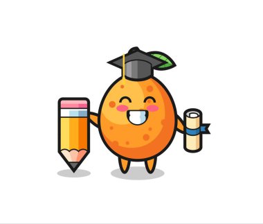 Kumquat Illustrasyon karikatürü, dev bir kalemle mezuniyet, tişört, etiket, logo elementi için şirin bir tasarım.