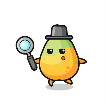 Papaya çizgi film karakteri büyüteçle arıyor, tişört, çıkartma, logo elementi için şirin bir tasarım.