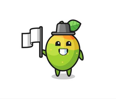 Mangonun elinde bayrak tutan çizgi film karakteri, tişört, etiket, logo elementi için şirin bir tasarım.