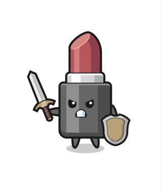 Şirin ruj askeri kılıçla ve kalkanla savaşıyor. Tişört, çıkartma, logo elementi için şirin bir tasarım.