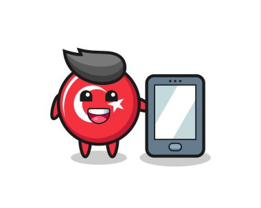 Hindi bayraklı çizim çizimi. Elinde akıllı telefon var. Gömlek, çıkartma, logo elementi için şirin bir tasarım.