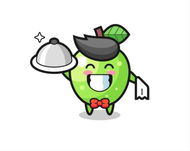 Garson olarak yeşil elmanın karakteristik maskotu, tişört, çıkartma, logo elementi için şirin bir tasarım.