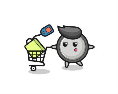 Tişört, etiket, logo elementi için şirin bir tasarım, alışveriş arabası olan düğme hücre çizimi çizimi