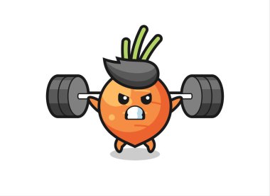 Halterli havuç maskotu karikatürü, tişört, çıkartma, logo elementi için şirin bir tasarım.