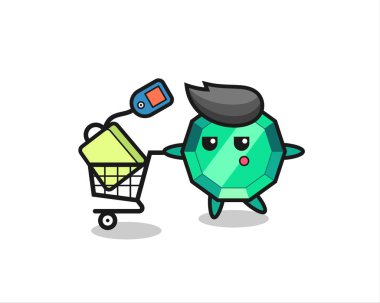 Üzerinde alışveriş arabası olan zümrüt mücevher çizimi tişört, etiket, logo elementi için şirin bir tasarım.