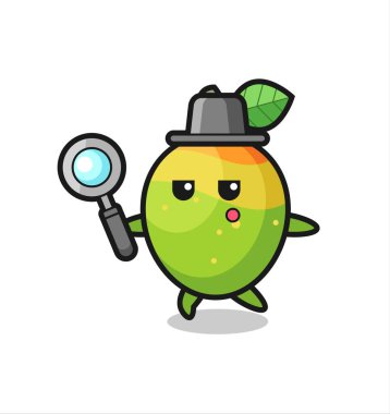 Mango çizgi film karakteri büyüteçle arıyor. Tişört, çıkartma, logo elementi için şirin bir tasarım.