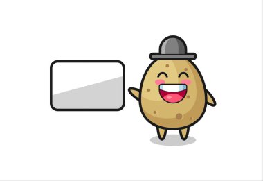 Bir sunum yapan patates çizgi filmi çizimi, tişört, etiket, logo elementi için şirin bir tasarım.