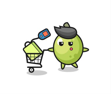 Alışveriş arabalı bir zeytin çizimi, tişört, çıkartma, logo elementi için şirin bir tasarım.