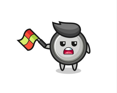 Hat yargıcı olarak düğme hücre çizgi filmi bayrağı 45 derecelik açıyla kaldırın, tişört, etiket, logo elementi için şirin bir tasarım yapın