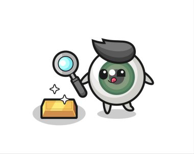 Göz bebeği karakteri altın külçesinin orijinalliğini kontrol ediyor. Tişört, çıkartma, logo elementi için şirin bir tasarım.