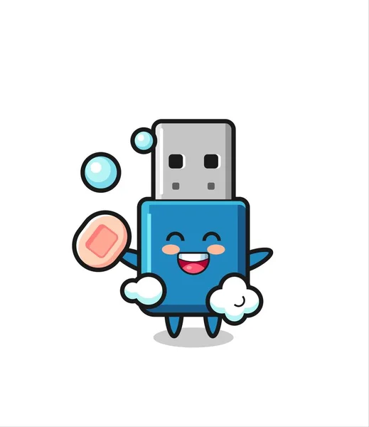 Flash Drive Usb Karakter Fürdés Közben Gazdaság Szappan Aranyos Stílus — Stock Vector