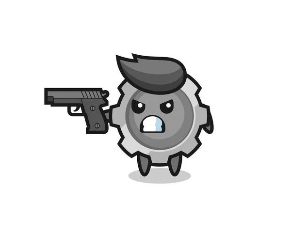 銃で撃つかわいいギアキャラクターTシャツステッカーロゴ要素 — ストックベクタ