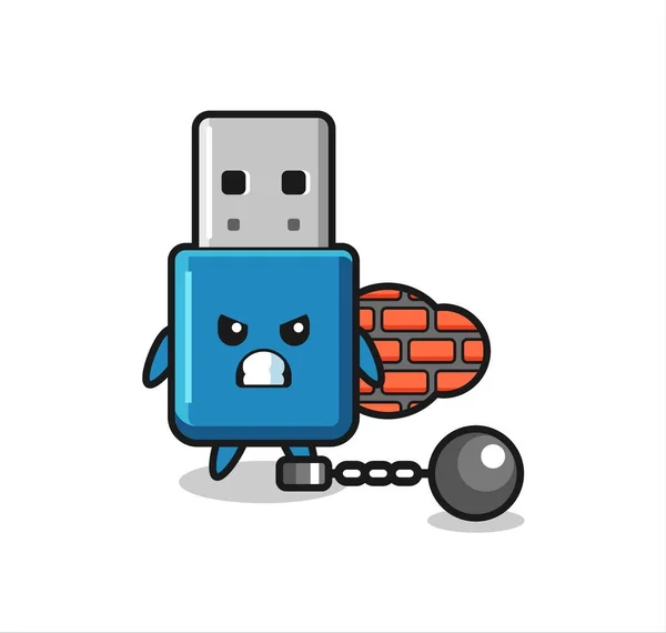 Personagem Mascote Flash Drive Usb Como Prisioneiro Design Estilo Bonito — Vetor de Stock