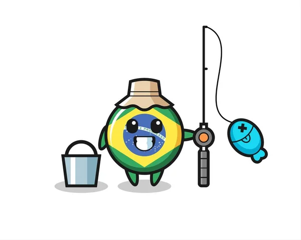 Personagem Mascote Emblema Bandeira Brasil Como Pescador Design Estilo Bonito — Vetor de Stock