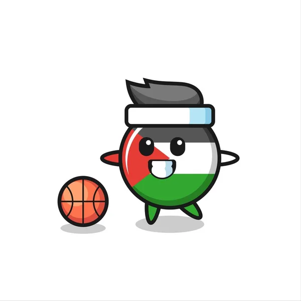 Illustration Der Palästinensischen Flagge Abzeichen Cartoon Spielt Basketball Niedlichen Stil — Stockvektor