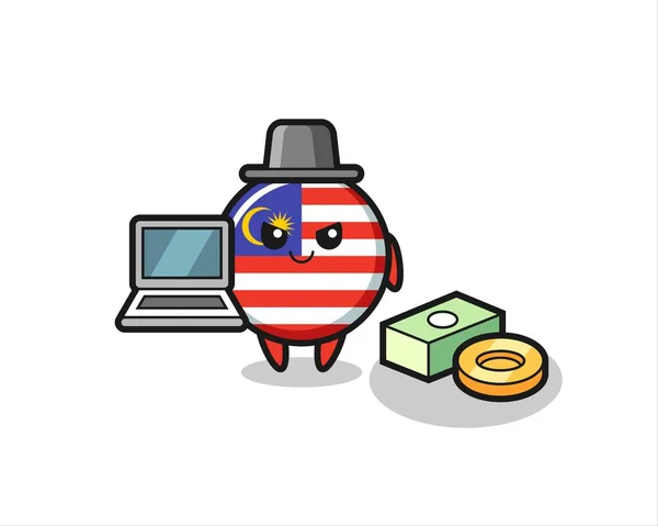 Maskoten Illustration Malaysiska Flaggan Märke Som Hacker Söt Stil Design — Stock vektor