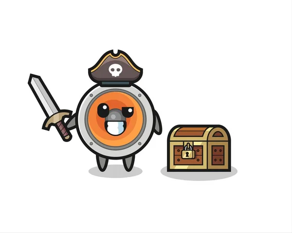 宝箱の横に刀を持ったスピーカー海賊キャラクターTシャツステッカーロゴ要素 — ストックベクタ