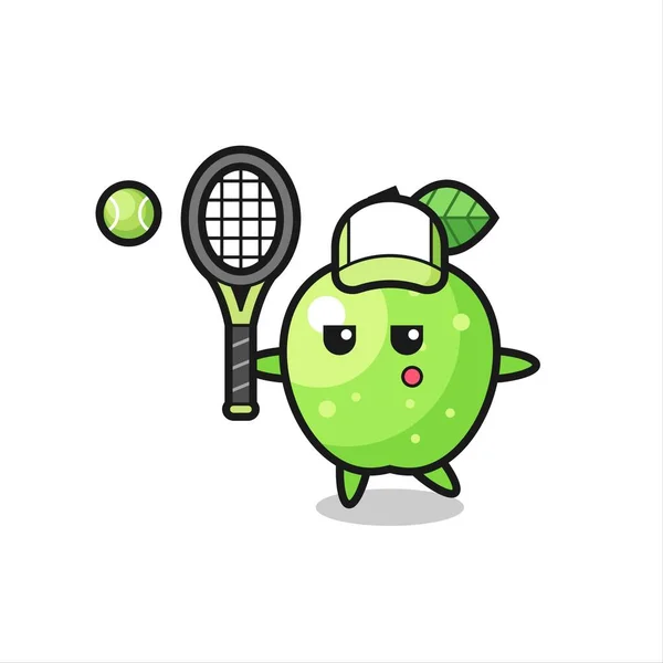 Tenis Oyuncusu Olarak Yeşil Elmanın Çizgi Film Karakteri Tişört Çıkartma — Stok Vektör