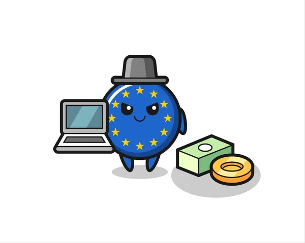Maskoten Illustration Europa Flagga Märke Som Hacker Söt Stil Design — Stock vektor