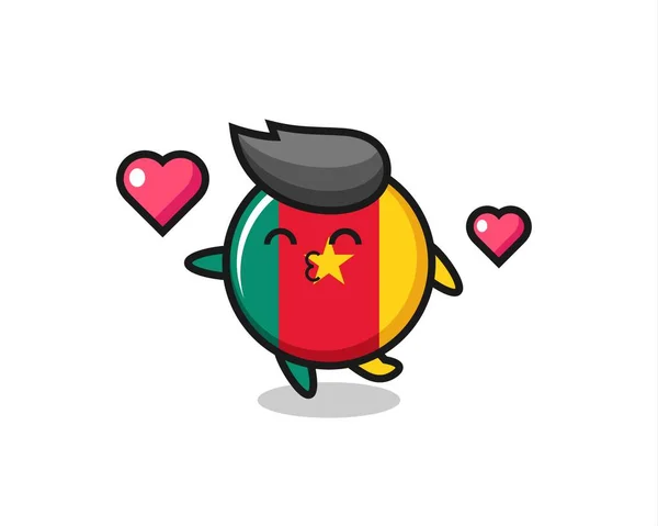 Kamerun Flagga Badge Karaktär Tecknad Med Kyssande Gest Söt Stil — Stock vektor