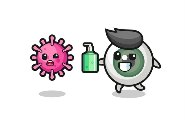 Illustration Eyeball Character Chasing Evil Virus Hand Sanitizer Cute Style — Stock Vector