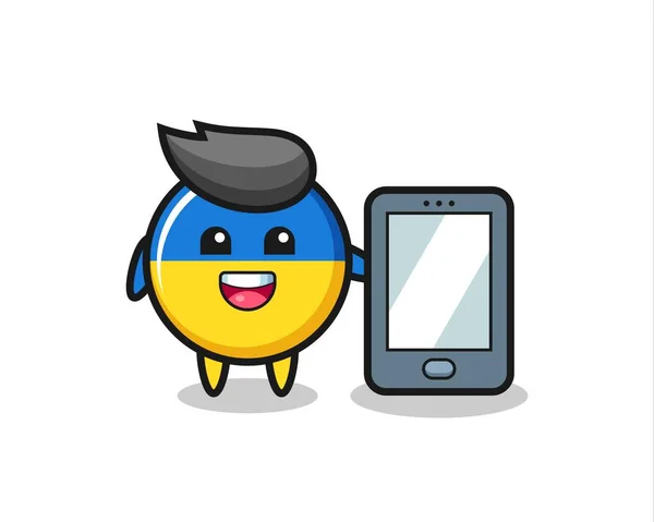 Desenho Animado Ilustração Crachá Bandeira Ucraniana Segurando Smartphone Design Estilo —  Vetores de Stock