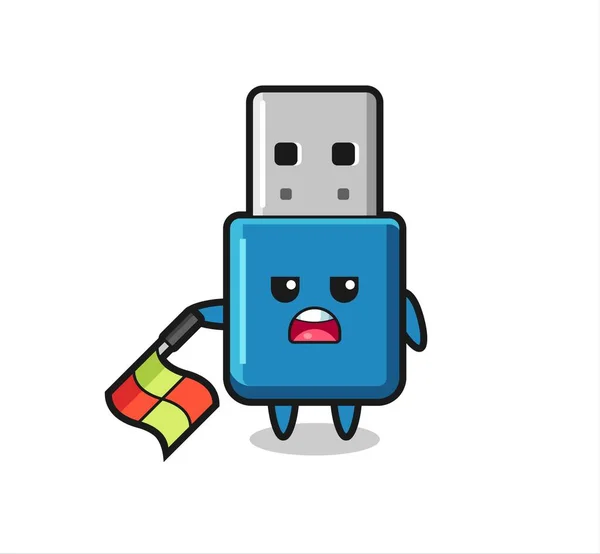 Flash Drive Usb Karakter Vonal Bíró Tartsa Lenyomva Zászlót Fokos — Stock Vector