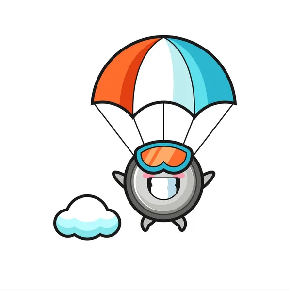 Botão Célula Mascote Cartoon Paraquedismo Com Gesto Feliz Design Estilo —  Vetores de Stock