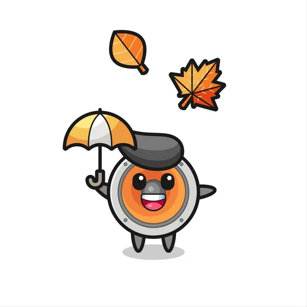 秋に傘を持ってかわいいスピーカーの漫画 Tシャツ ステッカー ロゴ要素のためのかわいいスタイルのデザイン — ストックベクタ