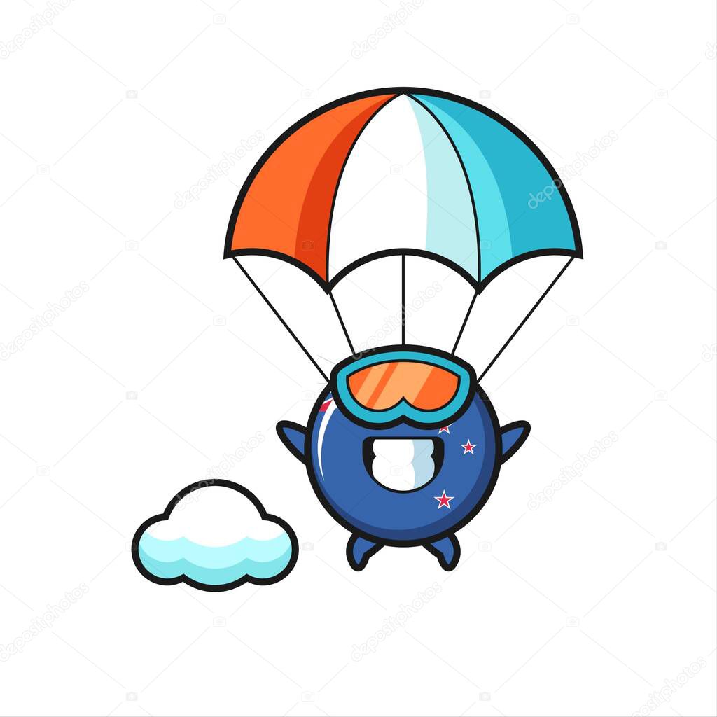 new zealand flag badge mascot cartoon is skydiving with happy gesture , cute style design for t shirt, sticker, logo element