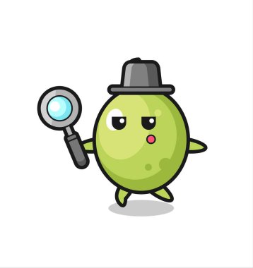 Zeytin çizgi film karakteri büyüteçle arıyor, tişört, etiket, logo elementi için şirin bir tasarım.