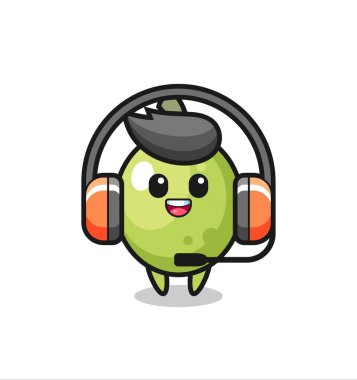 Müşteri hizmetleri olarak zeytinin çizgi film maskotu tişört, etiket, logo elementi için şirin bir tasarım.