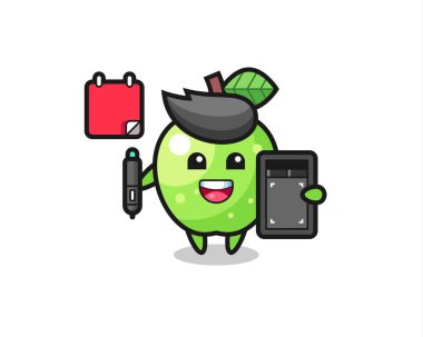 Grafik tasarımcısı olarak yeşil elma maskotu tasviri, tişört, etiket, logo elementi için şirin tasarım.