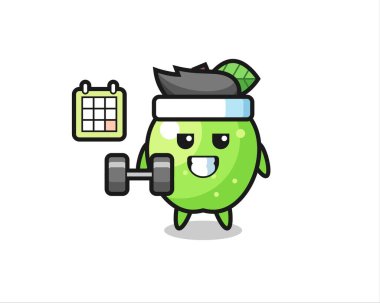 Yeşil Elma Maskotu, dambılla spor yapıyor. Tişört, çıkartma, logo elementi için şirin bir tasarım.