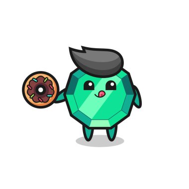 Donut yiyen zümrüt değerli bir karakterin tasviri. Tişört, etiket, logo elementi için şirin bir tasarım.